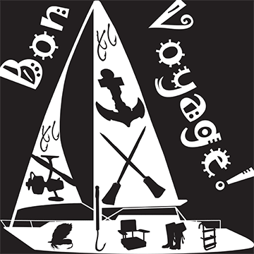 White inorganic shape of a boat with black inorganic shapes of fishing and boating gear cut out in black with Bon Voyage cutout in white