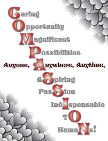 Compassion Poster done in black with white background. The word Compassion is diagonal from upper left to lower right and in red ink.