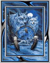 Native American design with wolves done in hues of blue